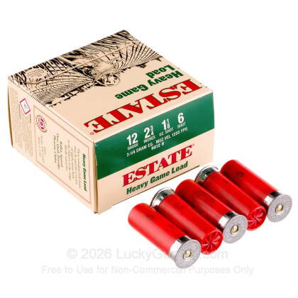 Large image of Cheap 12 Gauge Ammo For Sale - 2 3/4" 1 1/8 oz. #6 Shot Ammunition in Stock by Estate Heavy Game Load - 25 Rounds