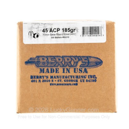 Large image of Bulk 45 Cal Bullets For Sale - 185 Grain Plated Hollow Base Round Nose Bullets in Stock by Berry's - 500 Count