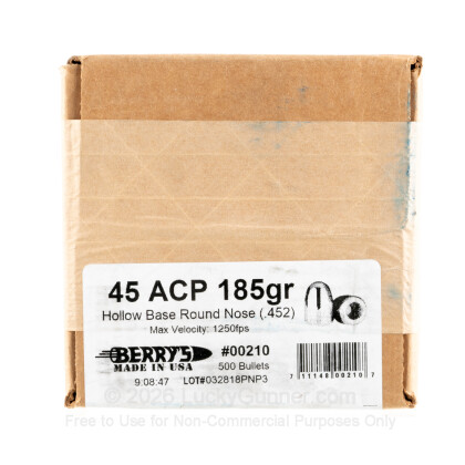 Large image of Bulk 45 Cal Bullets For Sale - 185 Grain Plated Hollow Base Round Nose Bullets in Stock by Berry's - 500 Count