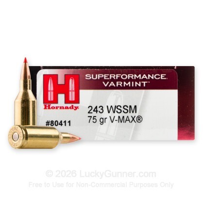 Large image of Hornady Superformance Varmint 243 WSSM Ammo For Sale - 75 Grain V-MAX - 20 Rounds