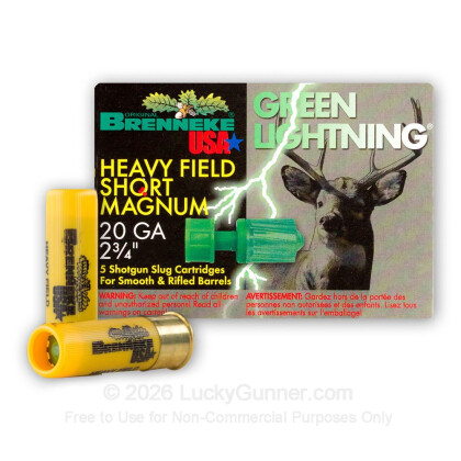 Large image of Premium 20Gauge Ammo For Sale - 2-3/4" 1 oz. Slug Ammunition in Stock by Brenneke Green Lightning - 5 Rounds