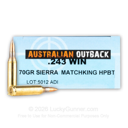 Large image of Premium 243 Ammo For Sale - 70 Grain HPBT MatchKing Ammunition in Stock by Australian Outback - 20 Rounds