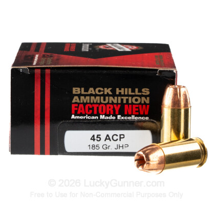 Large image of Premium 45 ACP Ammo For Sale - +P 185 Grain SCHP Ammunition in Stock by Black Hills Ammunition - 20 Rounds