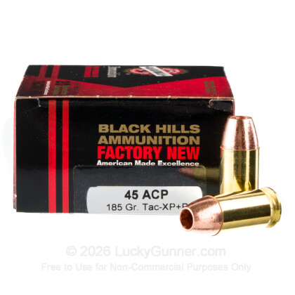 Large image of Premium 45 ACP Ammo For Sale - 185 Grain JHP Ammunition in Stock by Black Hills - 20 Rounds