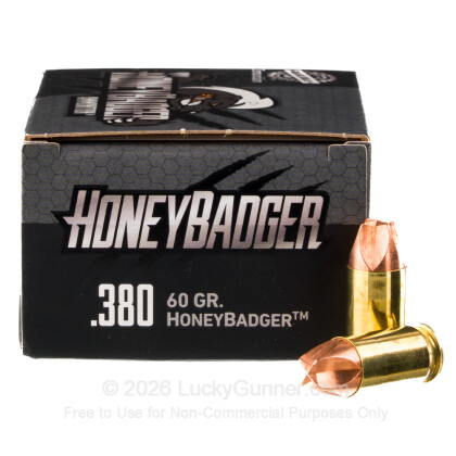 Large image of Premium 380 Auto Ammo For Sale - 60 Grain HoneyBadger Ammunition in Stock by Black Hills - 20 Rounds