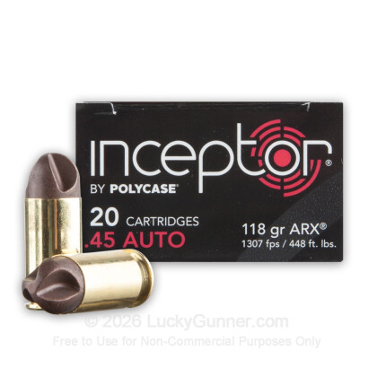 Large image of Premium 45 ACP Ammo For Sale - 118 Grain ARX Ammunition in Stock by Polycase Inceptor - 20 Rounds