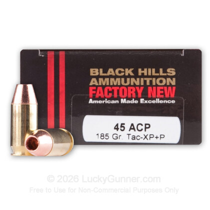 Large image of Premium 45 ACP Ammo For Sale - +P 185 Grain SCHP Ammunition in Stock by Black Hills Ammunition - 20 Rounds