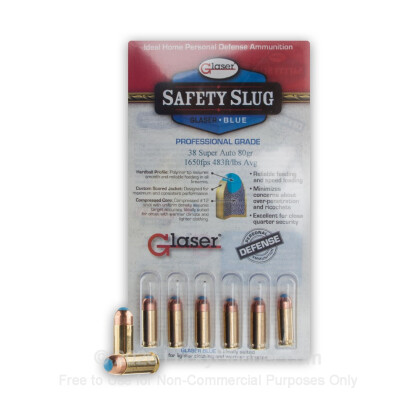 Large image of Premium 38 Super Ammo For Sale - 80 Grain Safety Slug Ammunition in Stock by Glaser Blue - 6 Rounds
