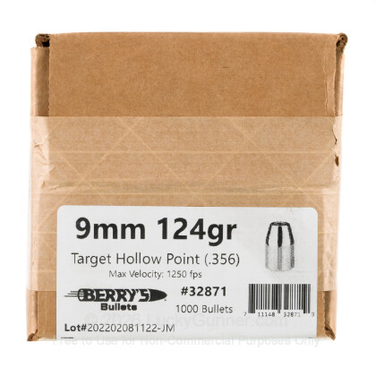 Large image of Premium 9mm (.356") Bullets for Sale - 124 Grain Target HP Bullets in Stock by Berry's - 1000 Projectiles