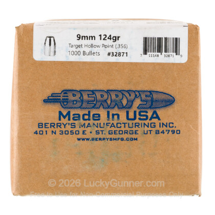 Large image of Premium 9mm (.356") Bullets for Sale - 124 Grain Target HP Bullets in Stock by Berry's - 1000 Projectiles