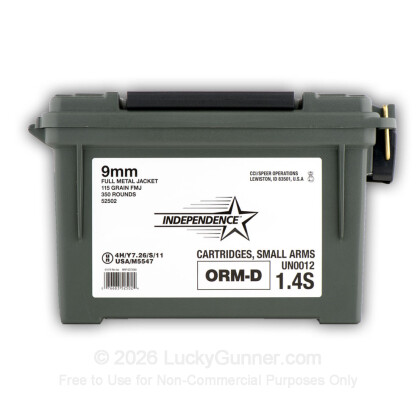 Large image of Bulk 9mm Ammo For Sale - 115 gr FMJ - Independence Ammunition For Sale Stored in a Plano Ammo Can - 350 Rounds
