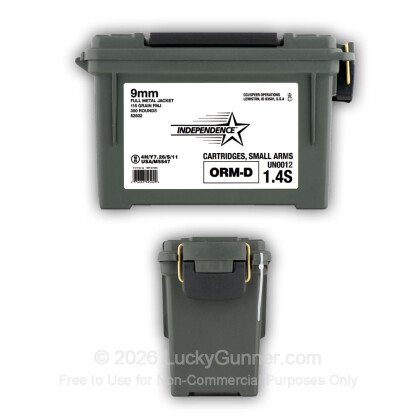 Large image of Bulk 9mm Ammo For Sale - 115 gr FMJ - Independence Ammunition For Sale Stored in a Plano Ammo Can - 350 Rounds