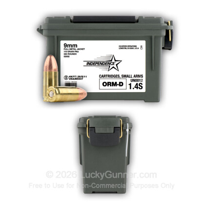 Large image of Bulk 9mm Ammo For Sale - 115 gr FMJ - Independence Ammunition For Sale Stored in a Plano Ammo Can - 350 Rounds