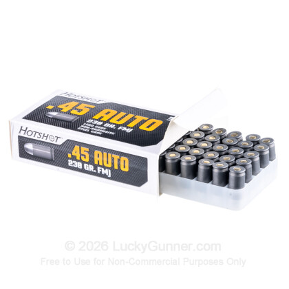Large image of Cheap 45 ACP Ammo For Sale - 230 Grain FMJ Ammunition in Stock by Hotshot - 50 Rounds