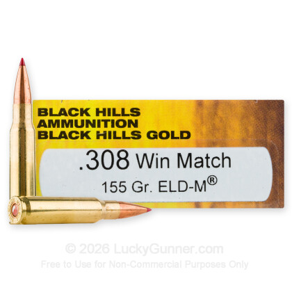 Large image of Premium 308 Ammo For Sale - 155 Grain ELD Match Ammunition in Stock by Black Hills Gold - 20 Rounds