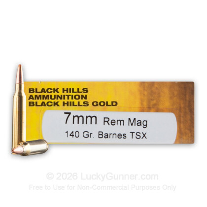 Large image of Premium 7mm Rem Mag Ammo For Sale - 140 Grain Barnes TSX HP Ammunition in Stock by Black Hills Gold - 20 Rounds