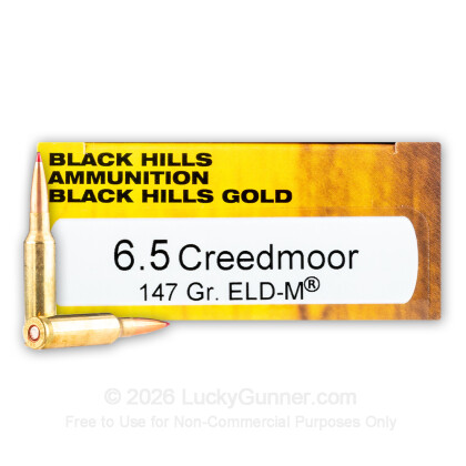 Large image of Premium 6.5 Creedmoor Ammo For Sale - 147 Grain ELD Match Ammunition in Stock by Black Hills Gold - 20 Rounds