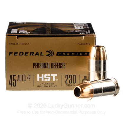 Large image of Premium 45 ACP +P Ammo For Sale - 230 Grain HST JHP Ammunition in Stock by Federal Personal Defense - 20 Rounds