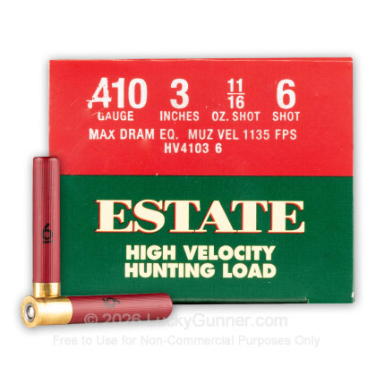 Large image of Bulk 410 Gauge Ammo For Sale - 3" Max Dram 11/16 oz. #6 Shot Ammunition in Stock by Estate HV Hunting - 250 Rounds