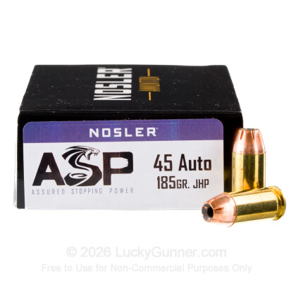 Large image of Premium 45 ACP Ammo For Sale - 185 Grain JHP Ammunition in Stock by Nosler Match Grade Handgun - 50 Rounds