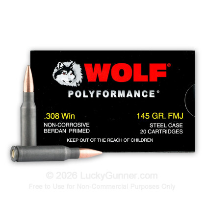 Large image of Bulk 308 Winchester 145 grain full metal jacket Wolf WPA Polyformance Ammo For Sale - 500 Rounds