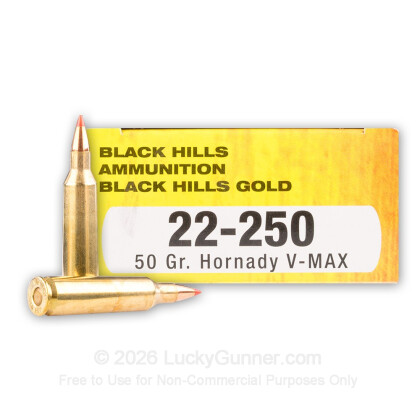 Large image of Premium 22-250 Ammo For Sale - 50 Grain V-Max Ammunition in Stock by Black Hills Gold - 20 Rounds