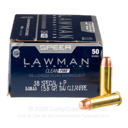 Large image of Premium 38 Special +P Ammo For Sale - 158 Grain TMJ Ammunition in Stock by Speer Lawman Clean-Fire - 50 Rounds