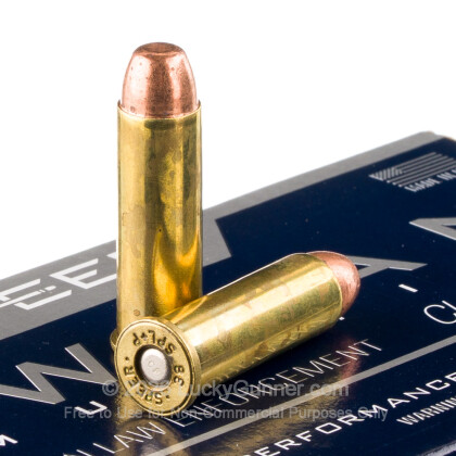 Large image of Premium 38 Special +P Ammo For Sale - 158 Grain TMJ Ammunition in Stock by Speer Lawman Clean-Fire - 50 Rounds