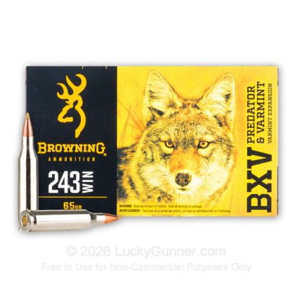 Large image of Premium 243 Ammo For Sale - 65 Grain Polymer Tip Ammunition in Stock by Browning BXV - 20 Rounds