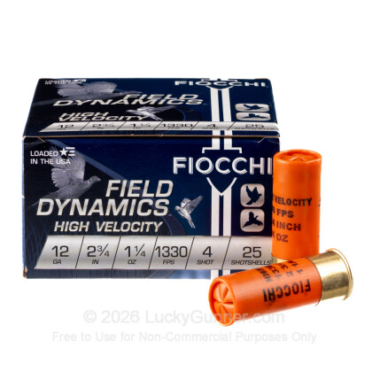 Large image of Bulk 12 Gauge Ammo For Sale - 2-3/4" 1-1/4oz. #4 Shot Ammunition in Stock by Fiocchi - 250 Rounds