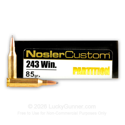 Large image of Premium 243 Win Ammo For Sale - 85 Grain PSP Ammunition in Stock by Nosler Custom - 20 Rounds