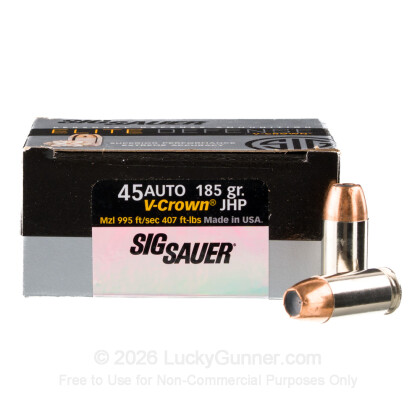 Large image of Premium 45 ACP Ammo For Sale - 185 Grain JHP Ammunition in Stock by Sig Sauer Elite Performance - 20 Rounds