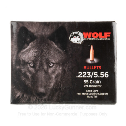Large image of Cheap 223 Rem Bullets For Sale - 55 Grain Full Metal Jacket Boat Tail Bullets in Stock by WOLF Gold - 500 Rounds