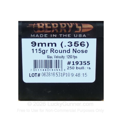 Large image of Bulk 9mm (.356) Bullets for Sale - 115 Grain Plated RN Bullets in Stock by Berry's - 250