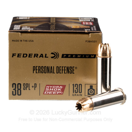 Large image of Premium 38 Special +P Ammo For Sale - 130 Grain JHP Ammunition in Stock by Federal Hydra-Shok Deep - 20 Rounds