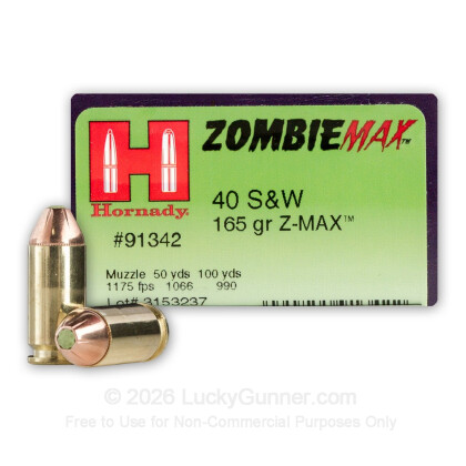 Large image of 40 S&W Zombie Ammo For Sale - 165 gr Jacketed Hollow Point Z-Max Hornady Ammunition In Stock - 20 Rounds
