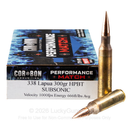 Large image of Premium 338 Lapua Mag Ammo For Sale - 300 Grain HPBT Ammunition in Stock by Corbon Performance Match - 20 Rounds