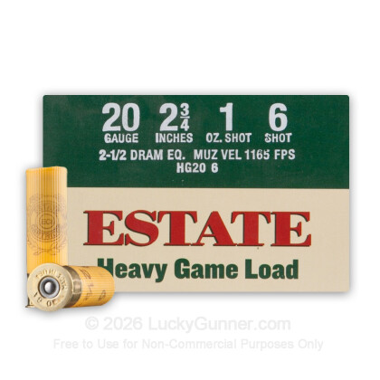 Large image of Cheap 20 Gauge Ammo For Sale - 2-3/4" 1 oz. #6 Shot Ammunition in Stock by Estate Heavy Game Load - 25 Rounds