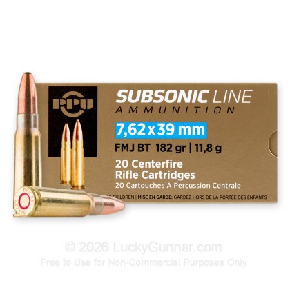 Large image of Prvi Partizan Subsonic 7.62x39 Ammo For Sale - 182 Grain FMJBT - 20 Rounds