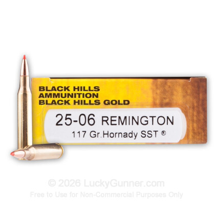 Large image of Premium 25-06 Rem Ammo For Sale - 117 Grain Hornady SST Ammunition in Stock by Black Hills Gold - 20 Rounds