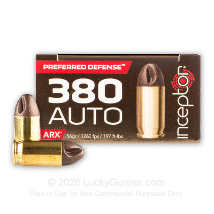 Large image of Premium 380 Auto Ammo For Sale - 56 Grain ARX Ammunition in Stock by Inceptor - 25 Rounds