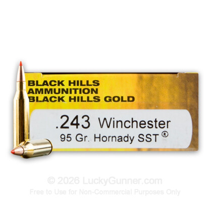 Large image of Premium 243 Ammo For Sale - 95 Grain SST Polymer Tip Ammunition in Stock by Black Hills Gold - 20 Rounds