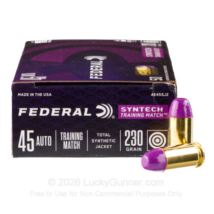 Large image of Premium 45 ACP Ammo For Sale - 230 Grain Total Synthetic Jacket Ammunition in Stock by Federal Syntech Training Match - 50 Rounds