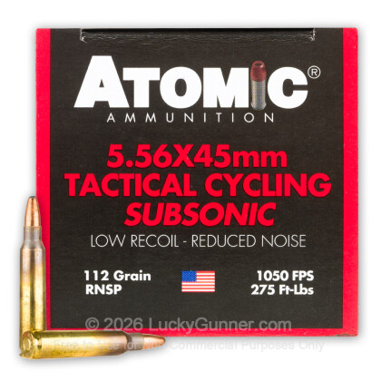Large image of Premium 5.56x45 Ammo For Sale - 112 Grain RNSP Ammunition in Stock by Atomic Tactical Cycling Subsonic - 50 Rounds