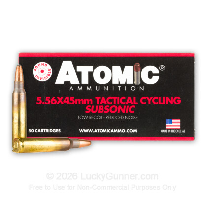Large image of Premium 5.56x45 Ammo For Sale - 112 Grain RNSP Ammunition in Stock by Atomic Tactical Cycling Subsonic - 50 Rounds