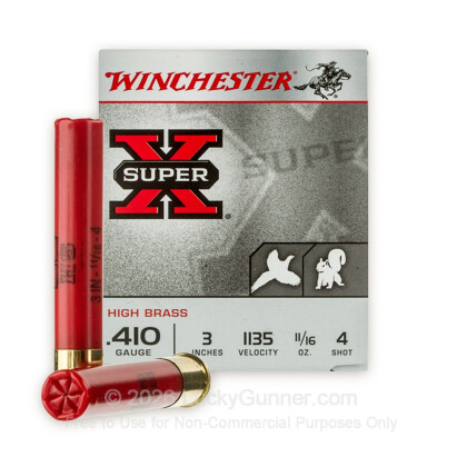 Large image of Cheap 410 Gauge Ammo For Sale - 11/16 oz #4 Shot Ammunition in Stock by Winchester Super X - 25 Rounds