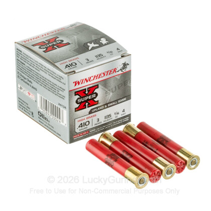 Large image of Cheap 410 Gauge Ammo For Sale - 11/16 oz #4 Shot Ammunition in Stock by Winchester Super X - 25 Rounds