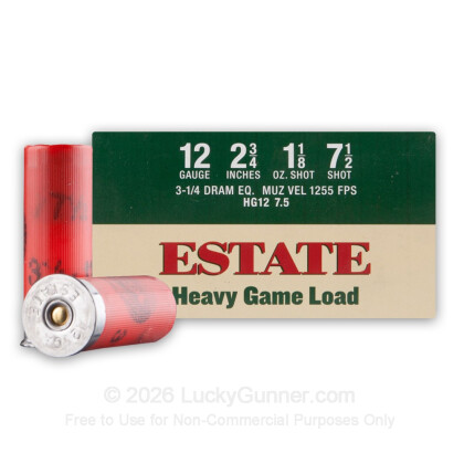 Large image of Cheap 12 Gauge Ammo For Sale - 2 3/4" 1 1/8 oz. #7.5 Shot Ammunition in Stock by Estate Cartridge - 25 Rounds