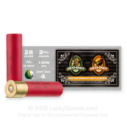 Large image of Premium 28 Gauge Ammo For Sale - 2-3/4" 3/4oz. #4 Shot Ammunition in Stock by Hevi-Shot Duck - 10 Rounds