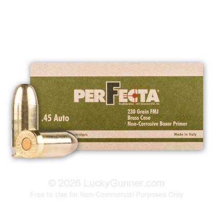 Large image of Cheap 45 ACP Fiocchi PerFecta 230gr FMJ Ammo For Sale at LuckyGunner.com. In Stock and Ready to Ship- 50 Rounds